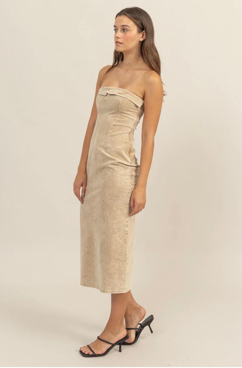 Washed Corduroy Strapless Dress