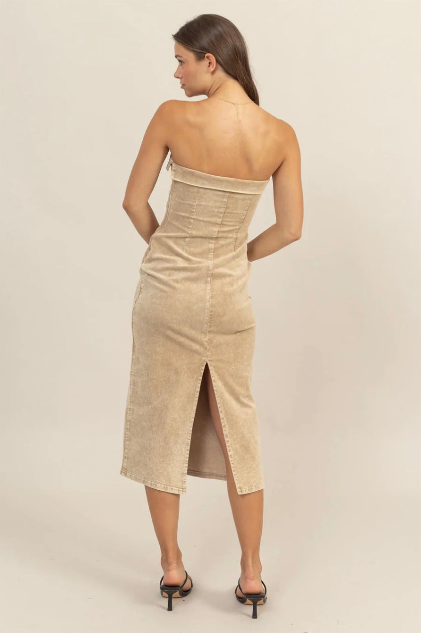 Washed Corduroy Strapless Dress