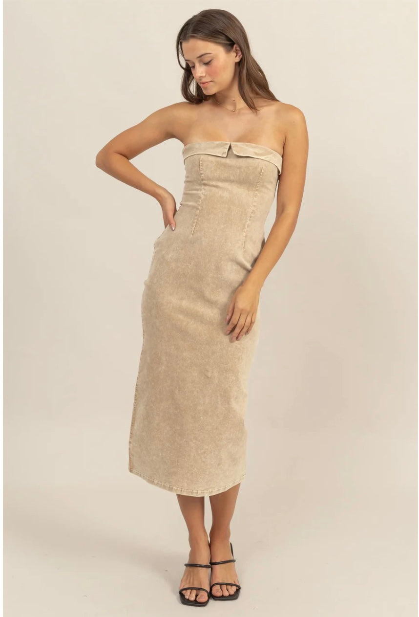 Washed Corduroy Strapless Dress