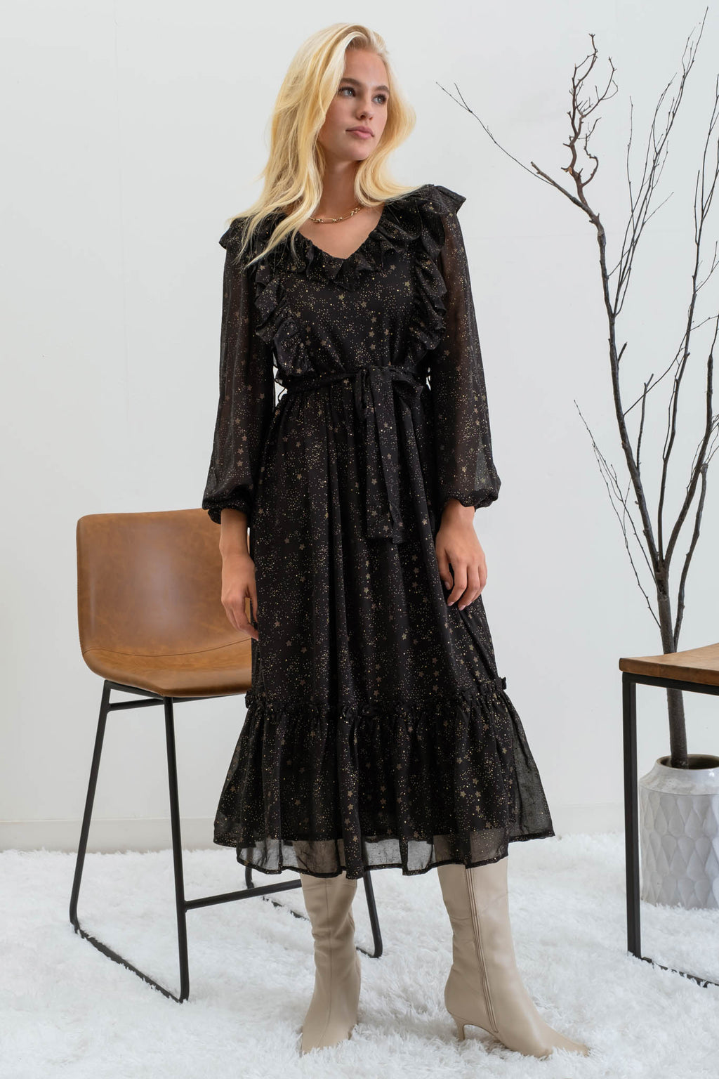 Shirred Chiffon Ruffle Midi Dress