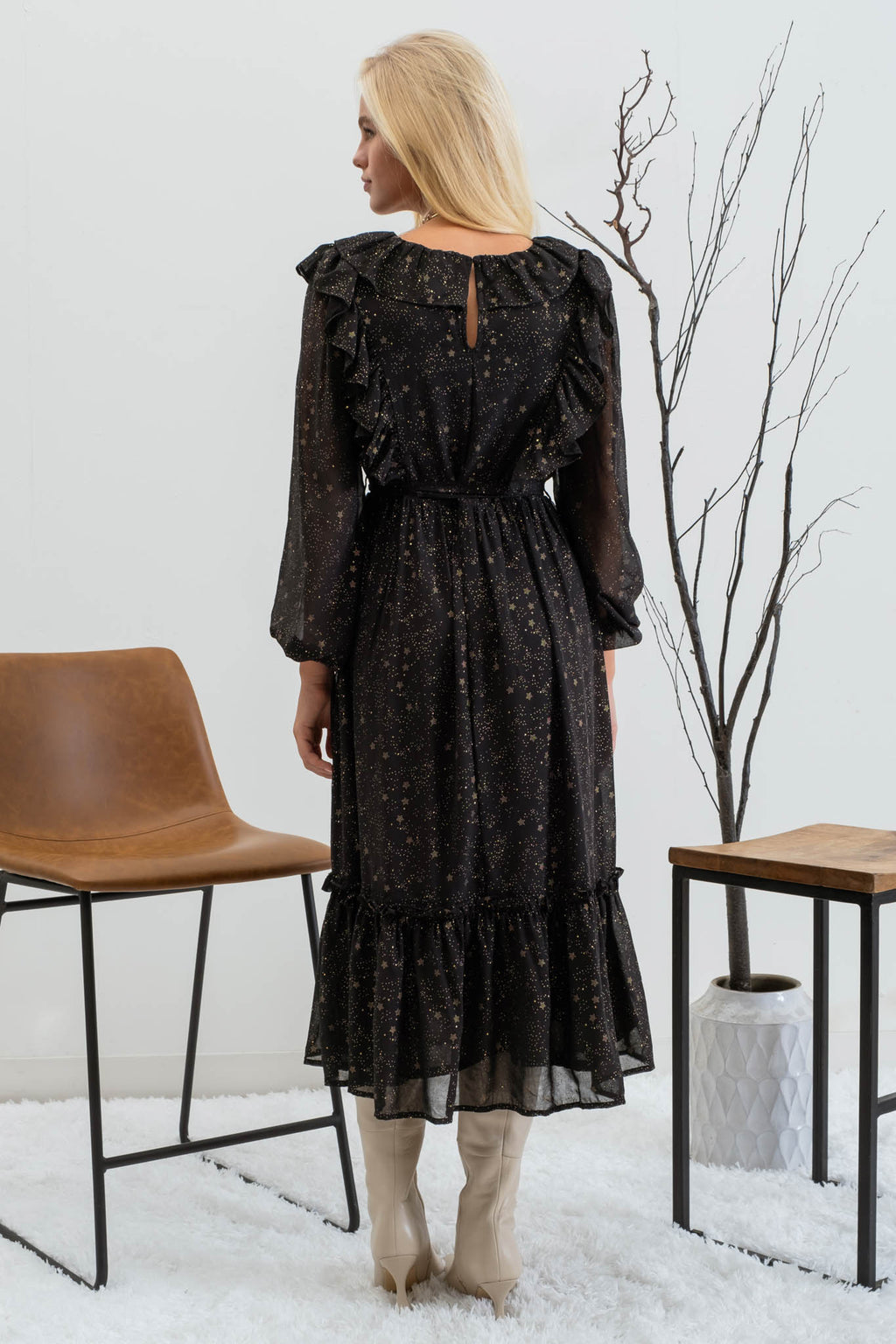 Shirred Chiffon Ruffle Midi Dress