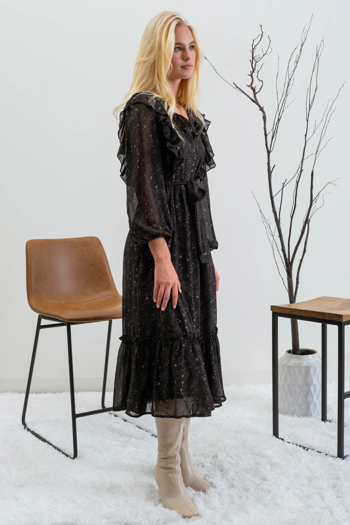 Shirred Chiffon Ruffle Midi Dress