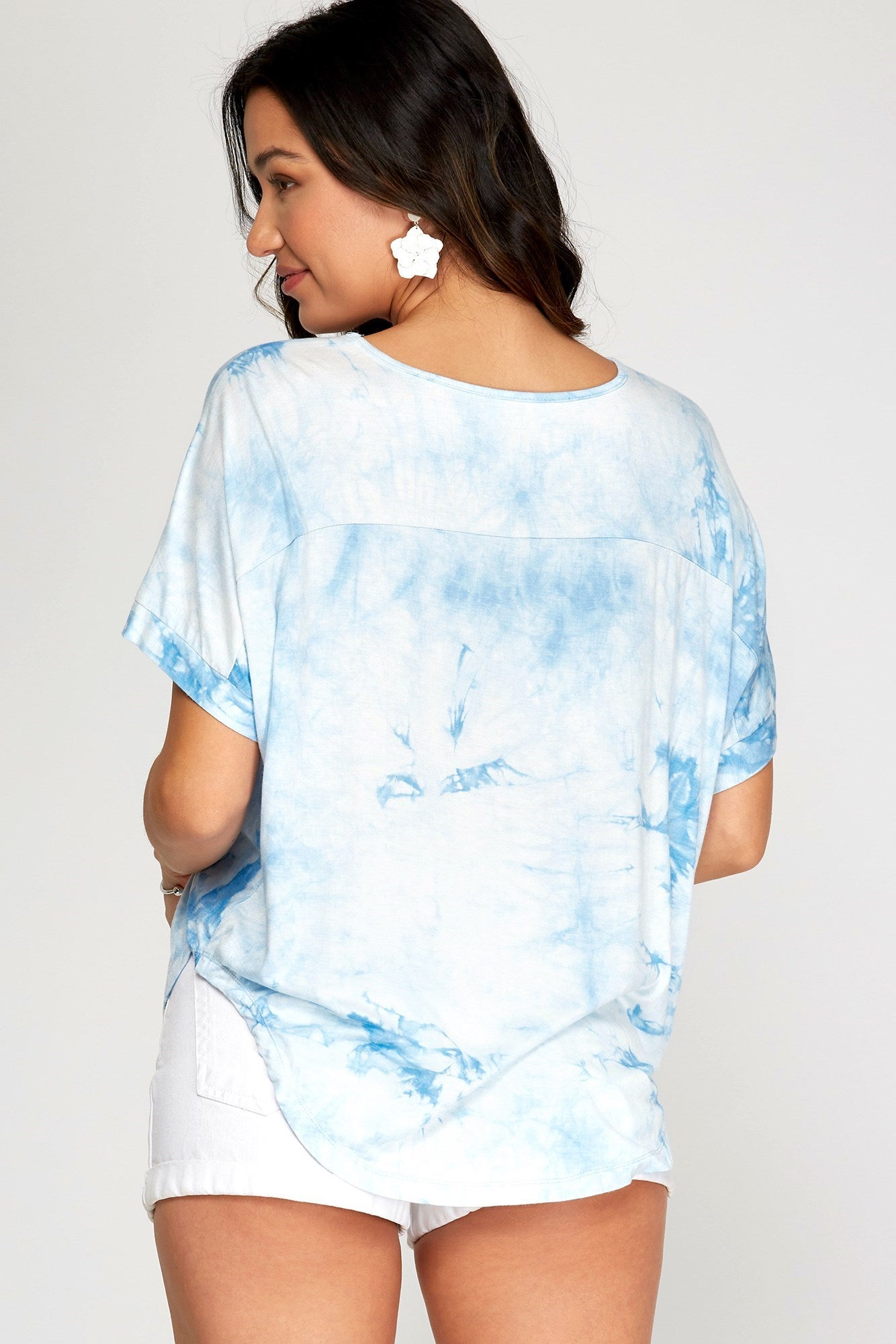 Folded Drop Shoulder V Neck Tie Dyed Top