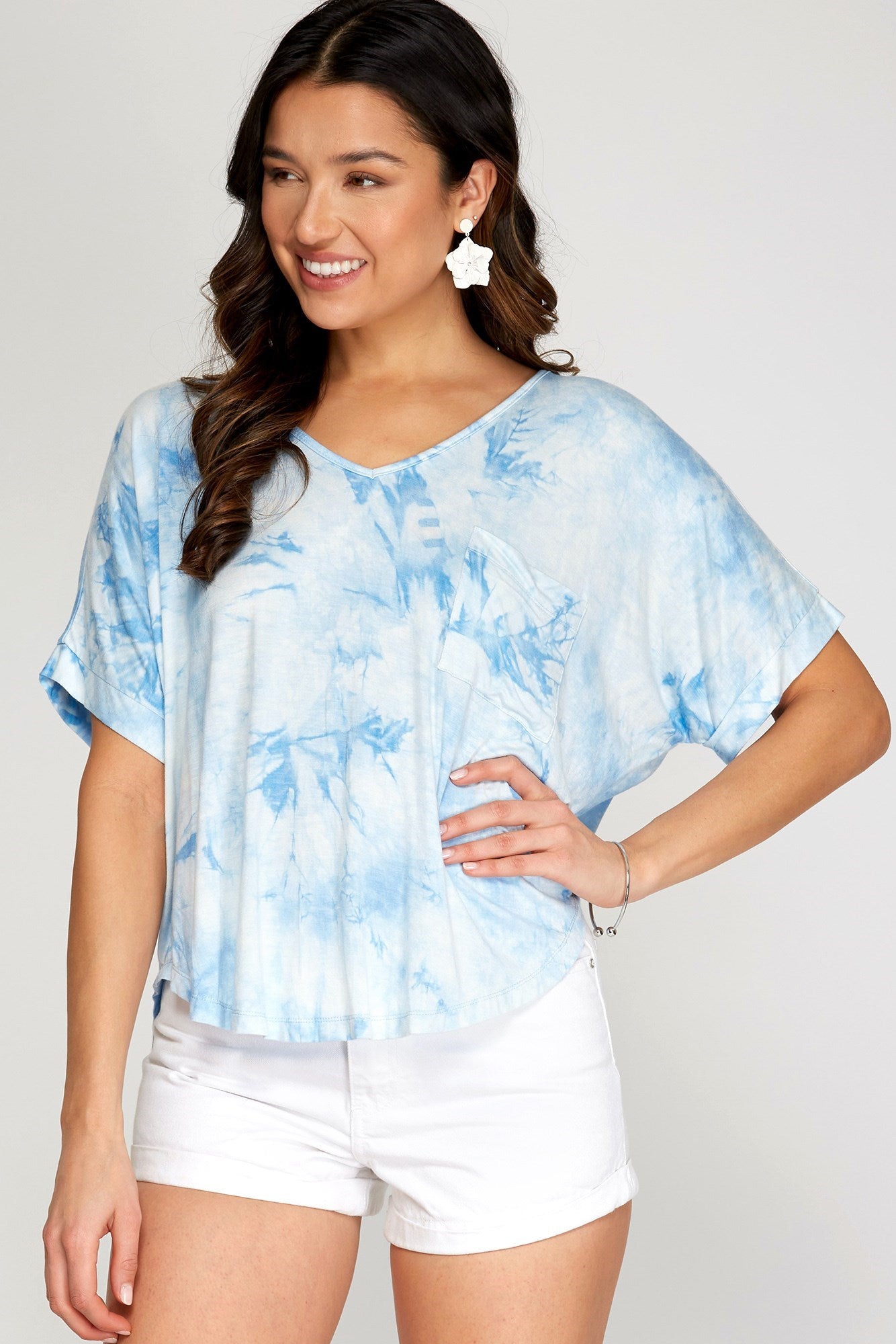 Folded Drop Shoulder V Neck Tie Dyed Top