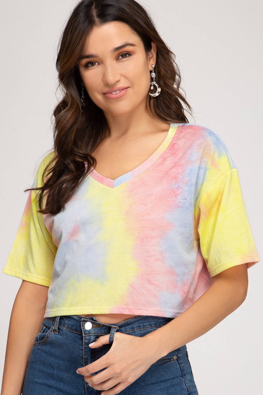 V Neck Tie Dyed Terry Crop Top 