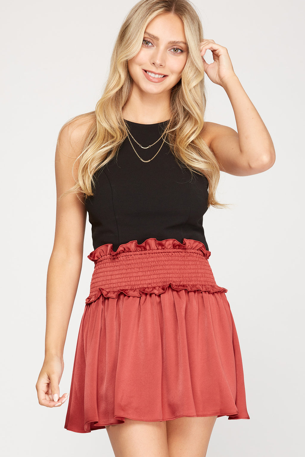 Woven Satin Mini Skirt w/smocked Waistband and Shorts Lining