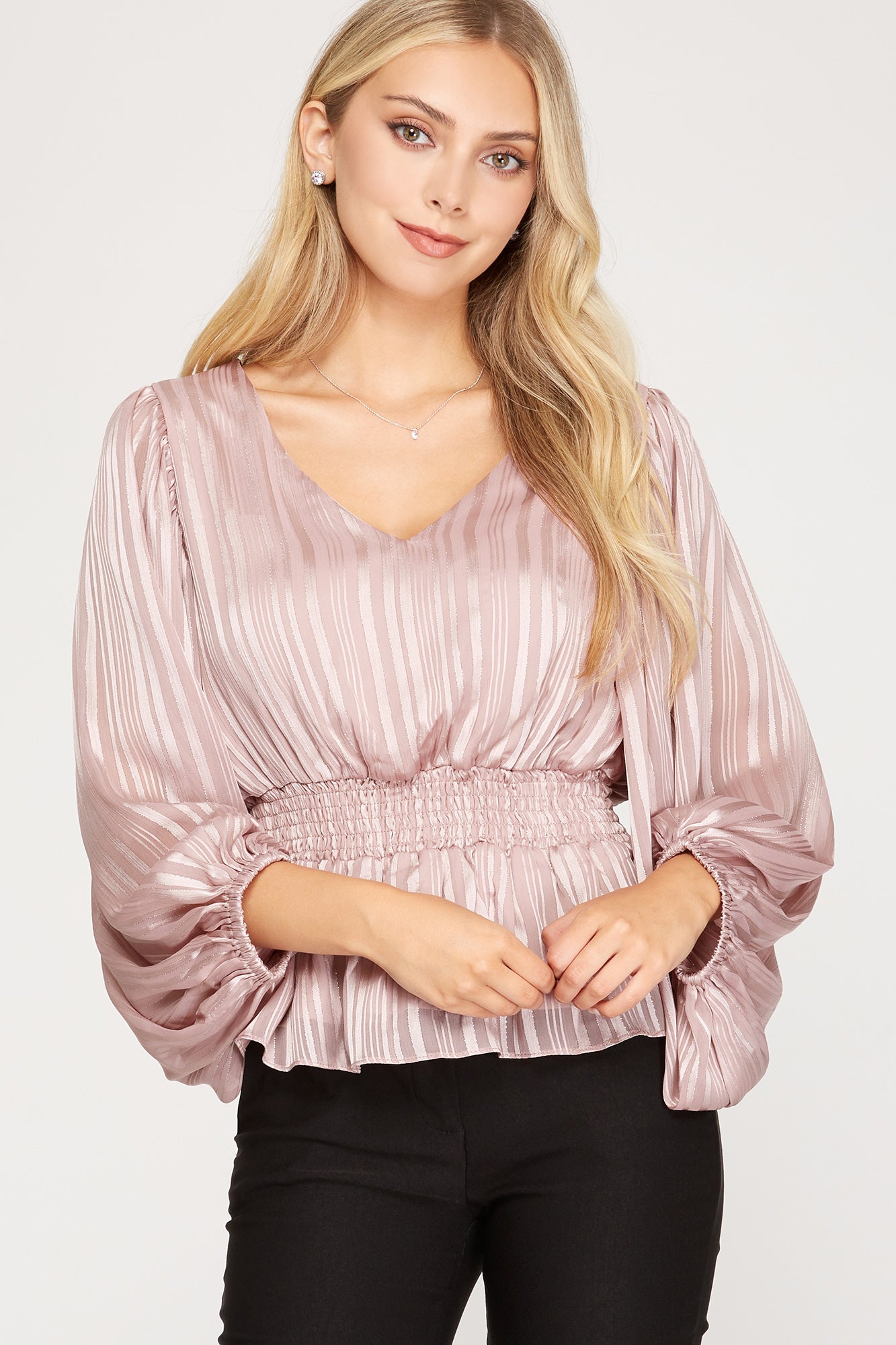 Woven Striped Jacquard Smocked LS Top