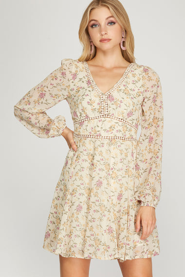 Long Sleeve Woven Print Dress w/Lace Trim