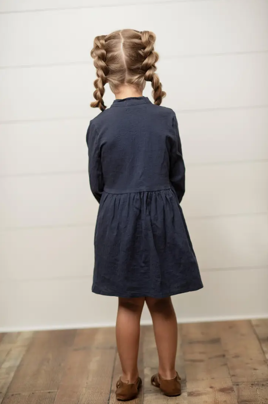 Kids Navy Blue Button Long Sleeve Bow Dress