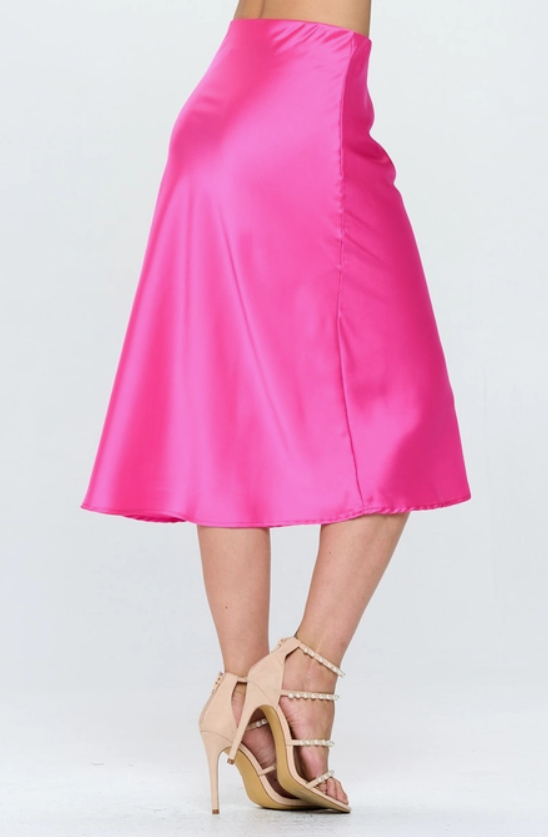 Pink Solid Satin Midi Skirt.