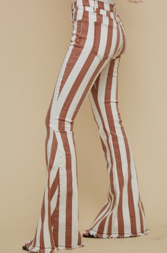 Striped Bell Bottom Jeans - Rust