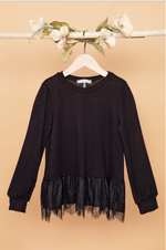 Girls Black Knit Long Sleeve Lace Hem Sweater