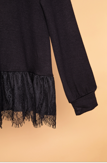 Girls Black Knit Lace Hem Sweater.