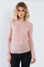 Pale Pink Side Ruched Draw Sting Long Sleeve Top