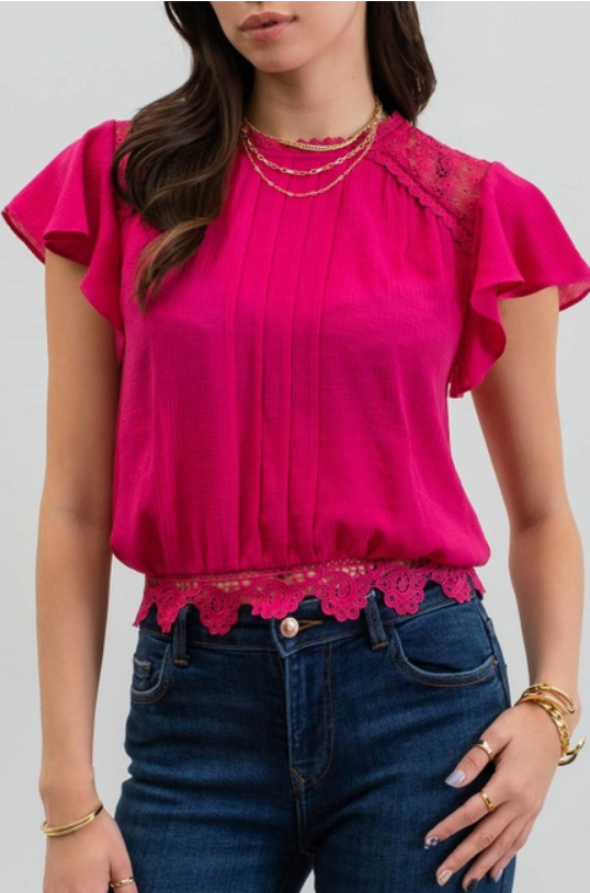 Solid Ruffle Sleeve Back Tie Lace Trim Top.
