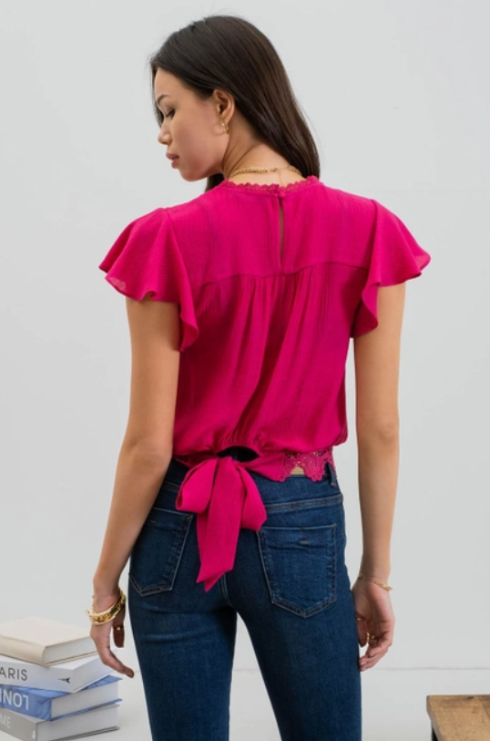 Solid Ruffle Sleeve Back Tie Lace Trim Top