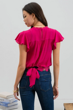 Solid Ruffle Sleeve Back Tie Lace Trim Top.