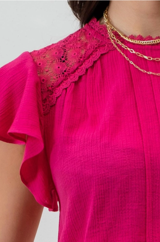 Solid Ruffle Sleeve Back Tie Lace Trim Top.