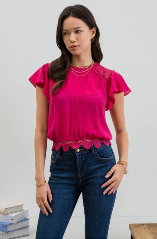 Solid Ruffle Sleeve Back Tie Lace Trim Top.