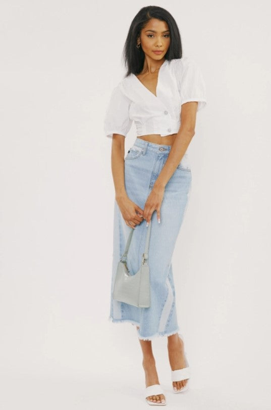 Midi High Rise Denim Contrast Skirt