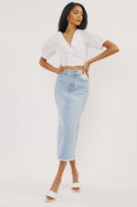 Midi High Rise Denim Contrast Skirt