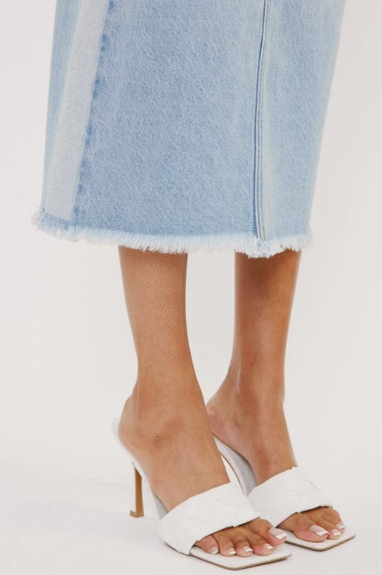 Midi High Rise Denim Contrast Skirt