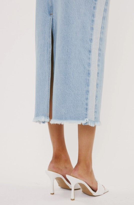 Midi High Rise Denim Contrast Skirt