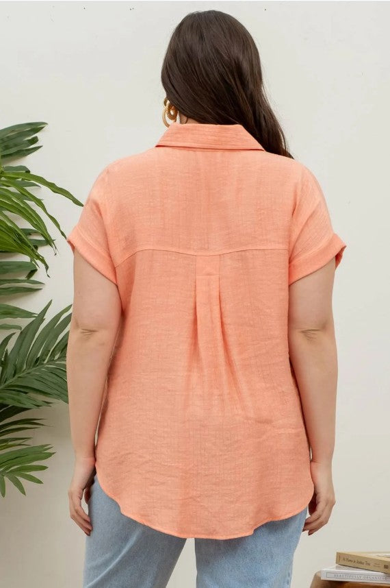 Plus Size Collared Crinkled Cuff Sleeve Shirt 