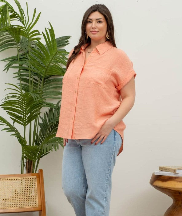 Plus Size Collared Crinkled Cuff Sleeve Shirt 