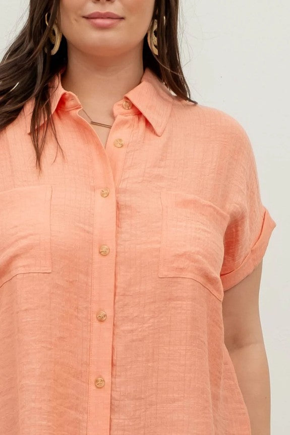 Plus Size Collared Crinkled Cuff Sleeve Shirt 