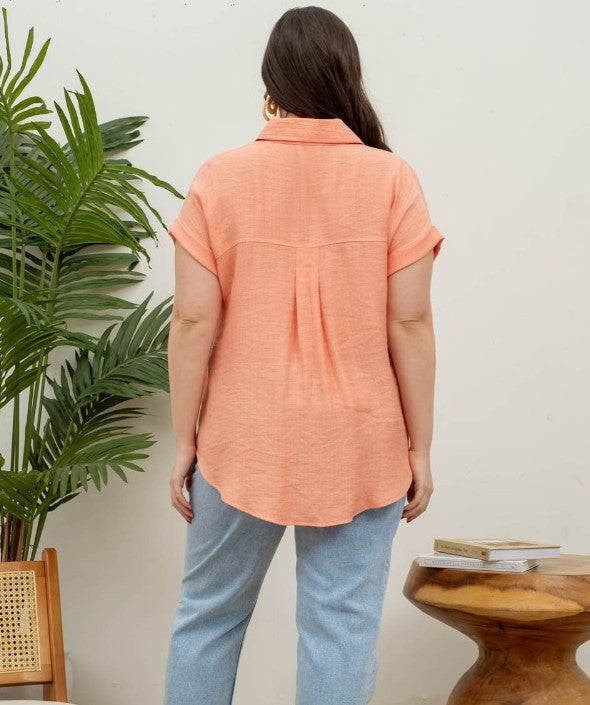 Plus Size Collared Crinkled Cuff Sleeve Shirt 