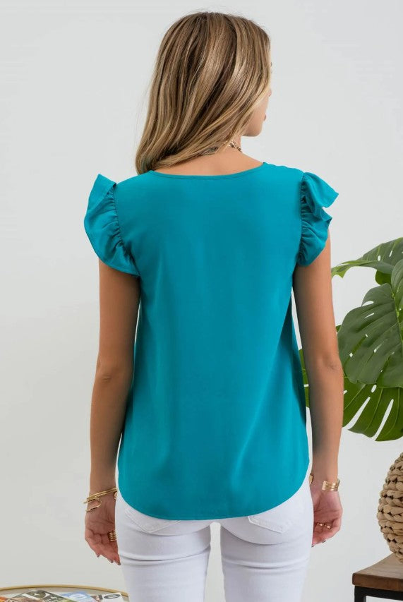 Split Neck Ruffle Sleeve Blouse