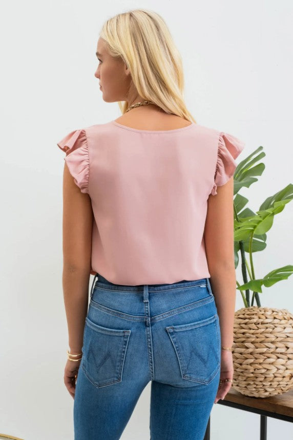 Split Neck Ruffle Sleeve Blouse