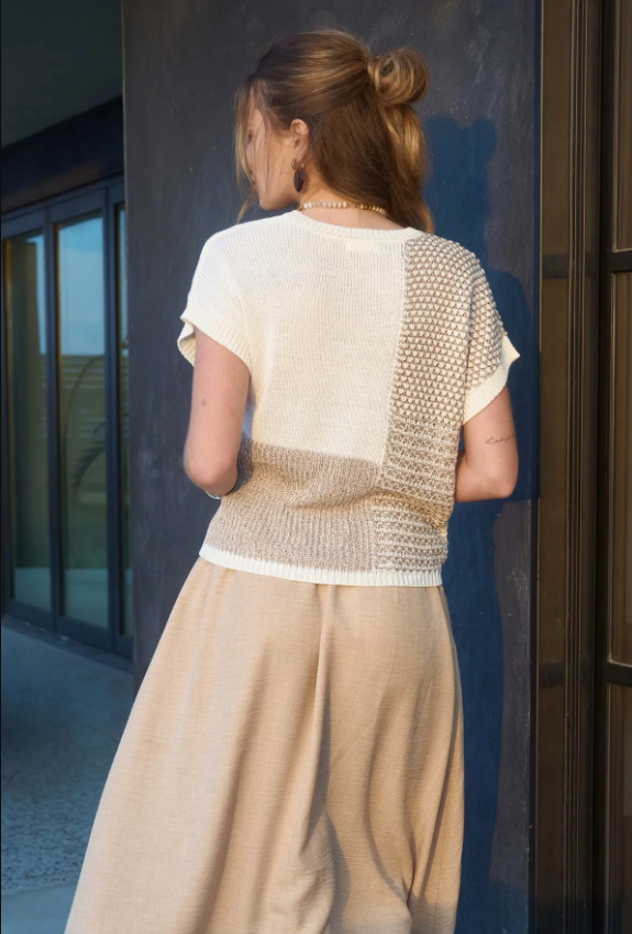 Multi Pattern Colorblock SS Sweater Top