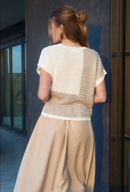 Multi Pattern Colorblock SS Sweater Top