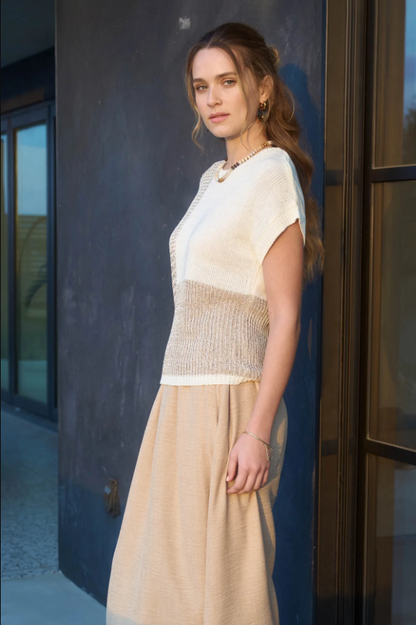 Multi Pattern Colorblock SS Sweater Top