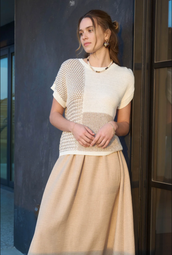 Multi Pattern Colorblock SS Sweater Top