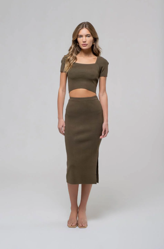 High Waist Side Slit Sweater Knit Midi Skirt