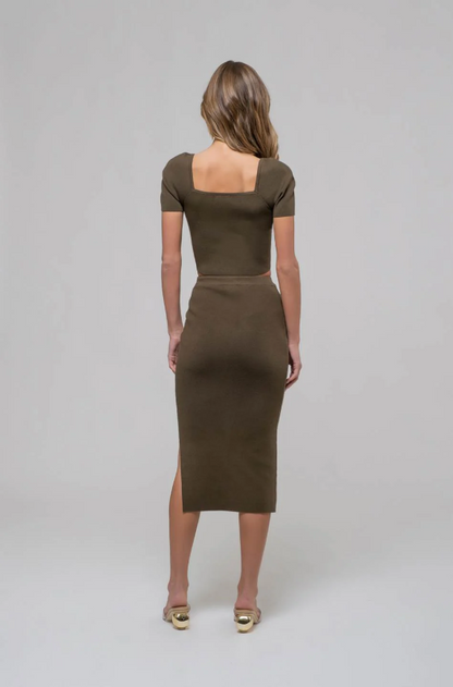 High Waist Side Slit Sweater Knit Midi Skirt