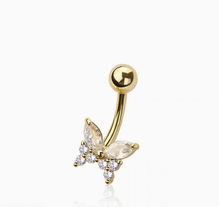 Gold Surgical Steel Multi Cz Butterfly Belly Button Navel Ring