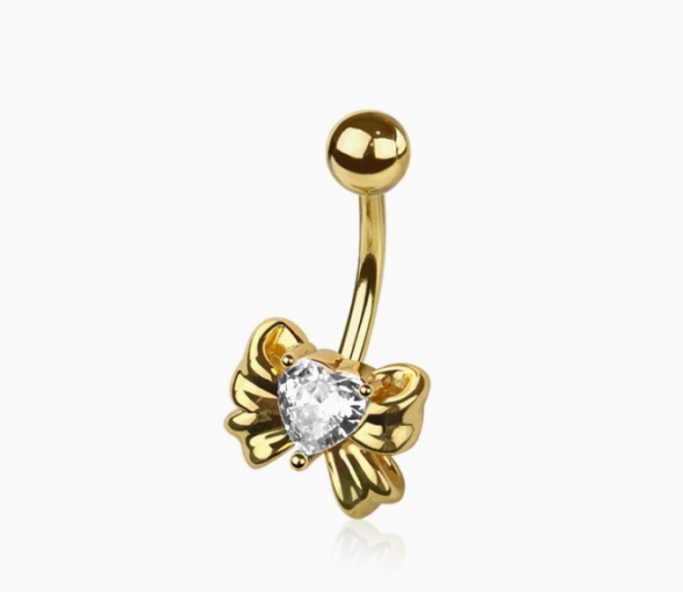 CZ Heart Ribbon Belly Button Navel Ring