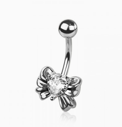 CZ Heart Ribbon Belly Button Navel Ring