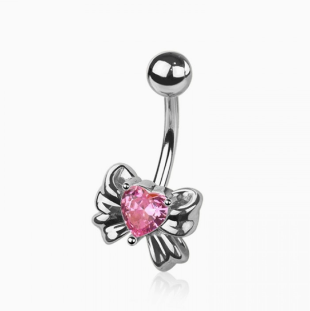 CZ Heart Ribbon Belly Button Navel Ring