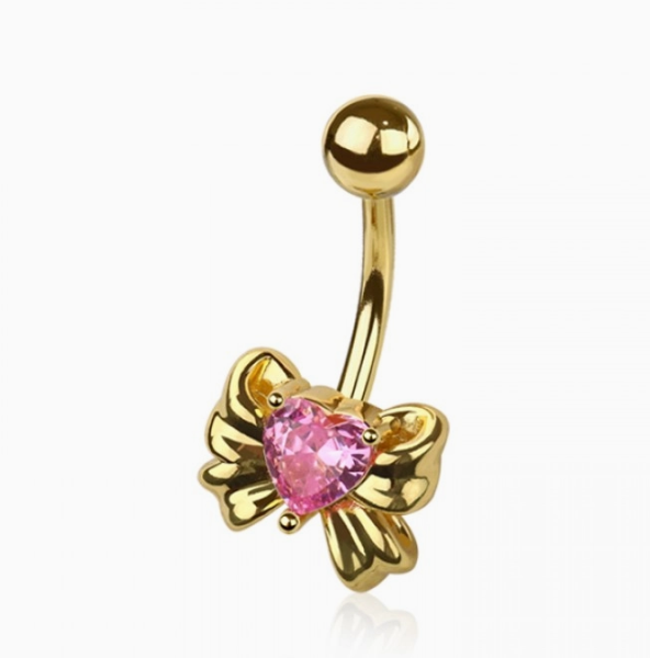 CZ Heart Ribbon Belly Button Navel Ring