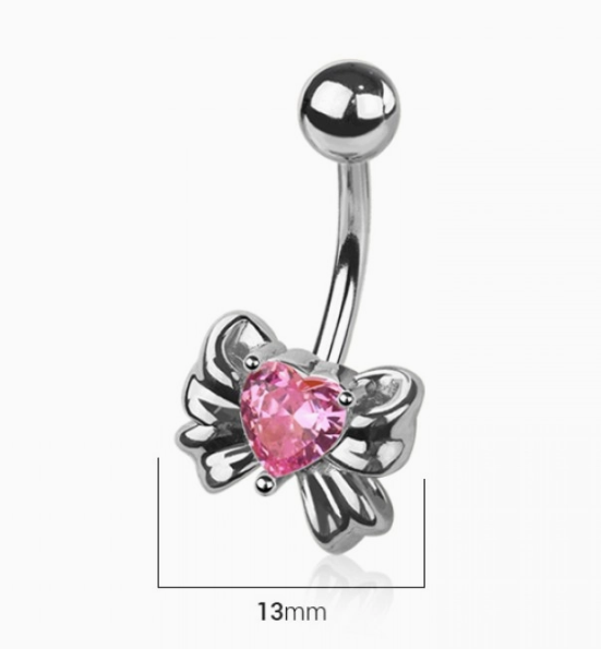 CZ Heart Ribbon Belly Button Navel Ring