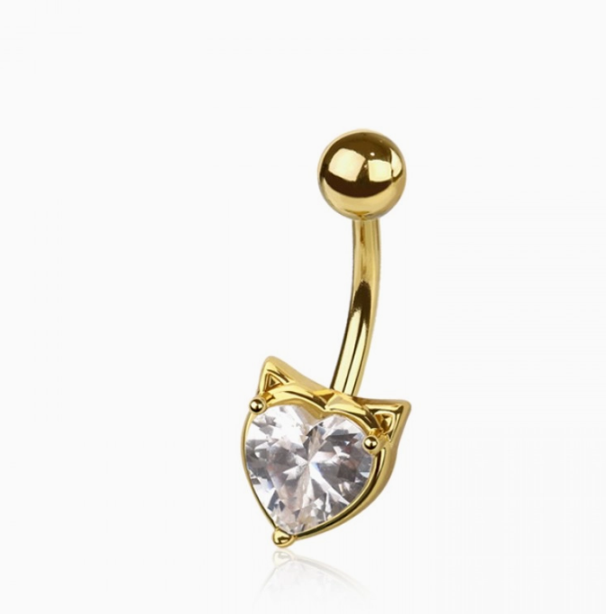 CZ Cat Heart Belly Button Navel Ring
