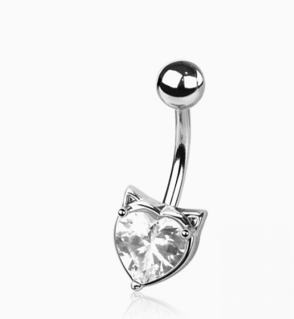CZ Cat Heart Belly Button Navel Ring
