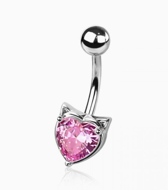 CZ Cat Heart Belly Button Navel Ring