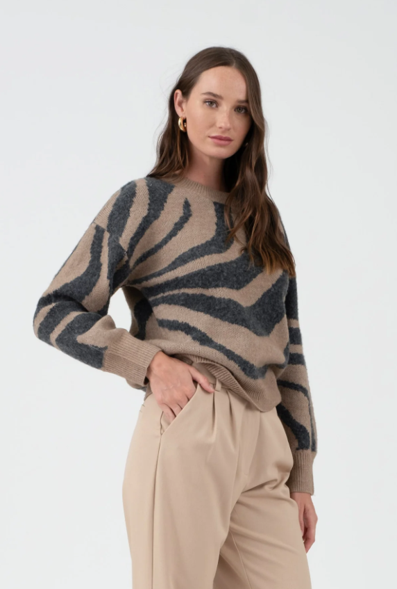 Zebra Print Long Sleeve Knit Sweater 