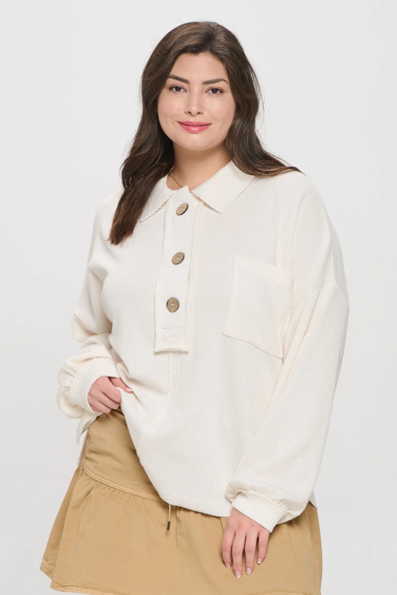 Plus Size Collared Raw Edge Knit Top
